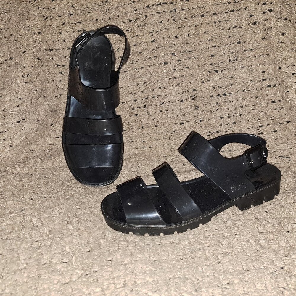 Y2K Vintage JUJU Jelly Shoe-Ankle Strap-Black Jelly-Chunky Heel-Sz 7UK/8US-NM